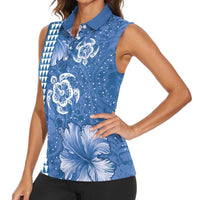 Blue Hibiscus Turle Women Sleeveless Polo Shirt Hawaiian Style Tribal Tapa Pattern