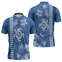 Blue Hibiscus Turle Zipper Polo Shirt Hawaiian Style Tribal Tapa Pattern - Polynesian Pride