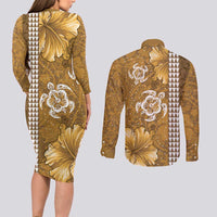 Gold Hibiscus Turle Couples Matching Long Sleeve Bodycon Dress and Long Sleeve Button Shirt Hawaiian Style Tribal Tapa Pattern LT9 - Polynesian Pride