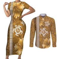 Gold Hibiscus Turle Couples Matching Short Sleeve Bodycon Dress and Long Sleeve Button Shirt Hawaiian Style Tribal Tapa Pattern LT9 Gold - Polynesian Pride