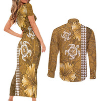 Gold Hibiscus Turle Couples Matching Short Sleeve Bodycon Dress and Long Sleeve Button Shirt Hawaiian Style Tribal Tapa Pattern LT9 - Polynesian Pride