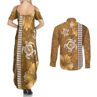 Gold Hibiscus Turle Couples Matching Summer Maxi Dress and Long Sleeve Button Shirt Hawaiian Style Tribal Tapa Pattern LT9 - Polynesian Pride