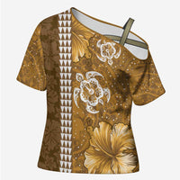 Gold Hibiscus Turle Cross Shoulder Shirt Hawaiian Style Tribal Tapa Pattern - Polynesian Pride