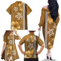 Gold Hibiscus Turle Family Matching Off The Shoulder Long Sleeve Dress and Hawaiian Shirt Hawaiian Style Tribal Tapa Pattern