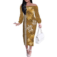 Gold Hibiscus Turle Family Matching Off The Shoulder Long Sleeve Dress and Hawaiian Shirt Hawaiian Style Tribal Tapa Pattern