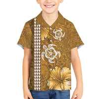 Gold Hibiscus Turle Family Matching Off Shoulder Short Dress and Hawaiian Shirt Hawaiian Style Tribal Tapa Pattern