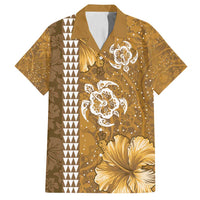 Gold Hibiscus Turle Family Matching Puletasi and Hawaiian Shirt Hawaiian Style Tribal Tapa Pattern LT9 Dad's Shirt - Short Sleeve Gold - Polynesian Pride