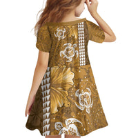 Gold Hibiscus Turle Kid Short Sleeve Dress Hawaiian Style Tribal Tapa Pattern