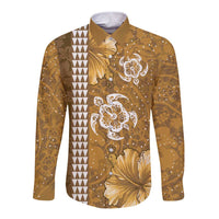 Gold Hibiscus Turle Long Sleeve Button Shirt Hawaiian Style Tribal Tapa Pattern