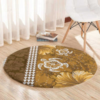 Gold Hibiscus Turle Round Carpet Hawaiian Style Tribal Tapa Pattern