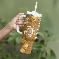Gold Hibiscus Turle Tumbler With Handle Hawaiian Style Tribal Tapa Pattern