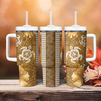 Gold Hibiscus Turle Tumbler With Handle Hawaiian Style Tribal Tapa Pattern