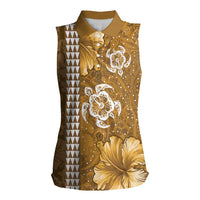 Gold Hibiscus Turle Women Sleeveless Polo Shirt Hawaiian Style Tribal Tapa Pattern