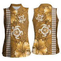 Gold Hibiscus Turle Women Sleeveless Polo Shirt Hawaiian Style Tribal Tapa Pattern