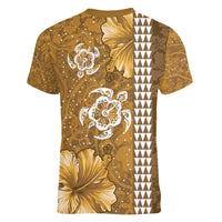 Gold Hibiscus Turle Women V-Neck T-Shirt Hawaiian Style Tribal Tapa Pattern LT9 - Polynesian Pride