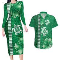 Green Hibiscus Turle Couples Matching Long Sleeve Bodycon Dress and Hawaiian Shirt Hawaiian Style Tribal Tapa Pattern LT9 Green - Polynesian Pride