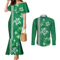 Green Hibiscus Turle Couples Matching Mermaid Dress and Long Sleeve Button Shirt Hawaiian Style Tribal Tapa Pattern LT9 Green - Polynesian Pride