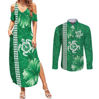 Green Hibiscus Turle Couples Matching Summer Maxi Dress and Long Sleeve Button Shirt Hawaiian Style Tribal Tapa Pattern LT9 Green - Polynesian Pride