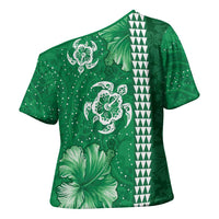 Green Hibiscus Turle Cross Shoulder Shirt Hawaiian Style Tribal Tapa Pattern - Polynesian Pride