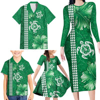 Green Hibiscus Turle Family Matching Long Sleeve Bodycon Dress and Hawaiian Shirt Hawaiian Style Tribal Tapa Pattern LT9 - Polynesian Pride