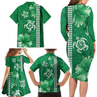 Green Hibiscus Turle Family Matching Long Sleeve Bodycon Dress and Hawaiian Shirt Hawaiian Style Tribal Tapa Pattern LT9 - Polynesian Pride