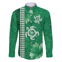 Green Hibiscus Turle Family Matching Long Sleeve Bodycon Dress and Hawaiian Shirt Hawaiian Style Tribal Tapa Pattern LT9 Dad's Shirt - Long Sleeve Green - Polynesian Pride