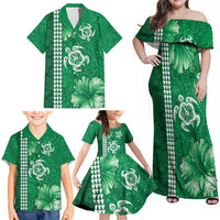 Green Hibiscus Turle Family Matching Off Shoulder Maxi Dress and Hawaiian Shirt Hawaiian Style Tribal Tapa Pattern