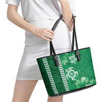 Green Hibiscus Turle Leather Tote Bag Hawaiian Style Tribal Tapa Pattern LT9 - Polynesian Pride