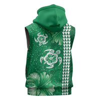 Green Hibiscus Turle Sleeveless Zip Hoodie Hawaiian Style Tribal Tapa Pattern - Polynesian Pride