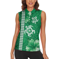 Green Hibiscus Turle Women Sleeveless Polo Shirt Hawaiian Style Tribal Tapa Pattern