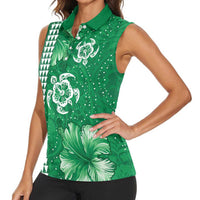 Green Hibiscus Turle Women Sleeveless Polo Shirt Hawaiian Style Tribal Tapa Pattern