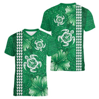 Green Hibiscus Turle Women V-Neck T-Shirt Hawaiian Style Tribal Tapa Pattern LT9 - Polynesian Pride