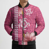 Pink Hibiscus Turle Bomber Puffer Jacket Hawaiian Style Tribal Tapa Pattern LT9 - Polynesian Pride