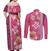 Pink Hibiscus Turle Couples Matching Off Shoulder Maxi Dress and Long Sleeve Button Shirt Hawaiian Style Tribal Tapa Pattern LT9 - Polynesian Pride