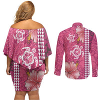 Pink Hibiscus Turle Couples Matching Off Shoulder Short Dress and Long Sleeve Button Shirt Hawaiian Style Tribal Tapa Pattern LT9 - Polynesian Pride