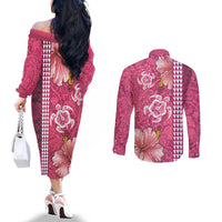 Pink Hibiscus Turle Couples Matching Off The Shoulder Long Sleeve Dress and Long Sleeve Button Shirt Hawaiian Style Tribal Tapa Pattern LT9 - Polynesian Pride
