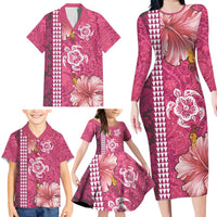 Pink Hibiscus Turle Family Matching Long Sleeve Bodycon Dress and Hawaiian Shirt Hawaiian Style Tribal Tapa Pattern LT9 - Polynesian Pride