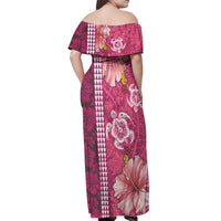 Pink Hibiscus Turle Off Shoulder Maxi Dress Hawaiian Style Tribal Tapa Pattern