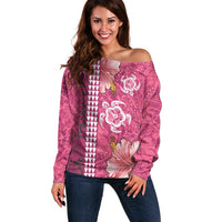 Pink Hibiscus Turle Off Shoulder Sweater Hawaiian Style Tribal Tapa Pattern