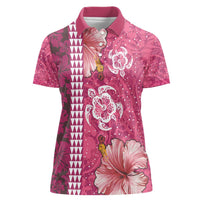 Pink Hibiscus Turle Women Polo Shirt Hawaiian Style Tribal Tapa Pattern
