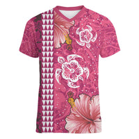 Pink Hibiscus Turle Women V-Neck T-Shirt Hawaiian Style Tribal Tapa Pattern LT9 Female Pink - Polynesian Pride