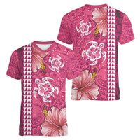 Pink Hibiscus Turle Women V-Neck T-Shirt Hawaiian Style Tribal Tapa Pattern LT9 - Polynesian Pride
