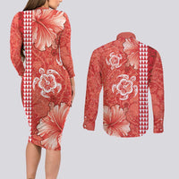 Red Hibiscus Turle Couples Matching Long Sleeve Bodycon Dress and Long Sleeve Button Shirt Hawaiian Style Tribal Tapa Pattern LT9 - Polynesian Pride