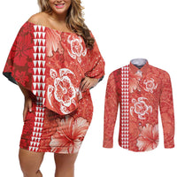 Red Hibiscus Turle Couples Matching Off Shoulder Short Dress and Long Sleeve Button Shirt Hawaiian Style Tribal Tapa Pattern LT9 Red - Polynesian Pride