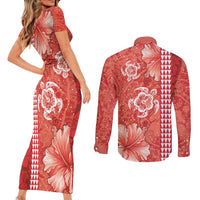 Red Hibiscus Turle Couples Matching Short Sleeve Bodycon Dress and Long Sleeve Button Shirt Hawaiian Style Tribal Tapa Pattern LT9 - Polynesian Pride