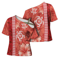 Red Hibiscus Turle Cross Shoulder Shirt Hawaiian Style Tribal Tapa Pattern - Polynesian Pride