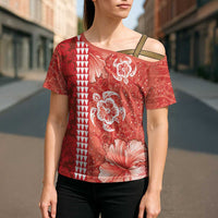 Red Hibiscus Turle Cross Shoulder Shirt Hawaiian Style Tribal Tapa Pattern - Polynesian Pride