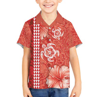 Red Hibiscus Turle Family Matching Long Sleeve Bodycon Dress and Hawaiian Shirt Hawaiian Style Tribal Tapa Pattern LT9 Son's Shirt Red - Polynesian Pride