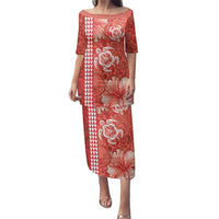 Red Hibiscus Turle Family Matching Puletasi and Hawaiian Shirt Hawaiian Style Tribal Tapa Pattern LT9 Mom's Dress Red - Polynesian Pride