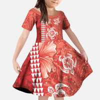 Red Hibiscus Turle Kid Short Sleeve Dress Hawaiian Style Tribal Tapa Pattern